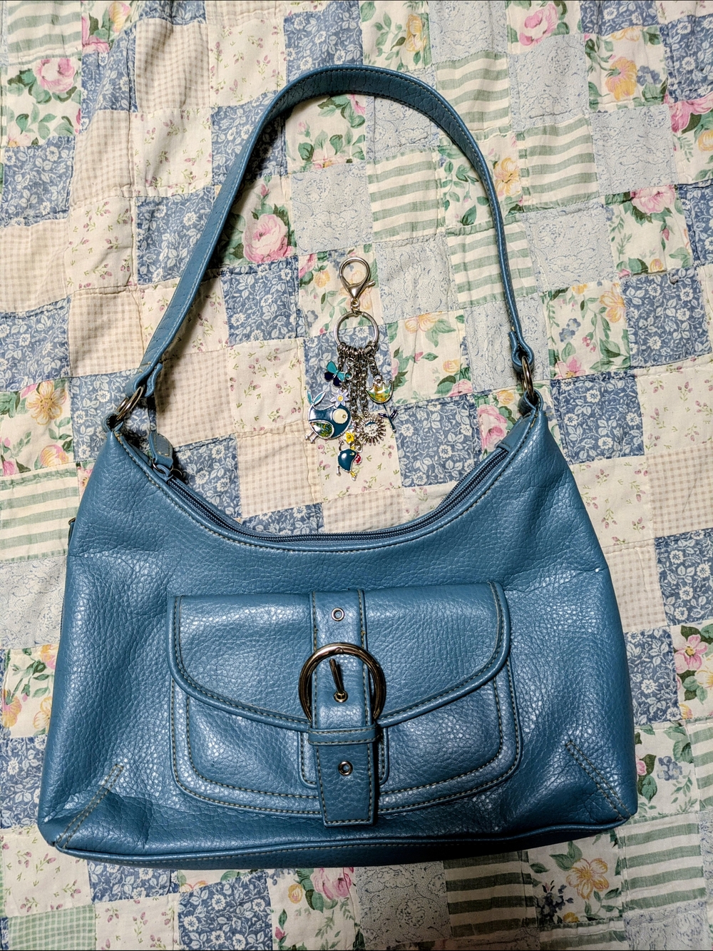 Turquoise/Light Blue Shoulder Bag With Buckle Detailed Pocket And Purse Charm